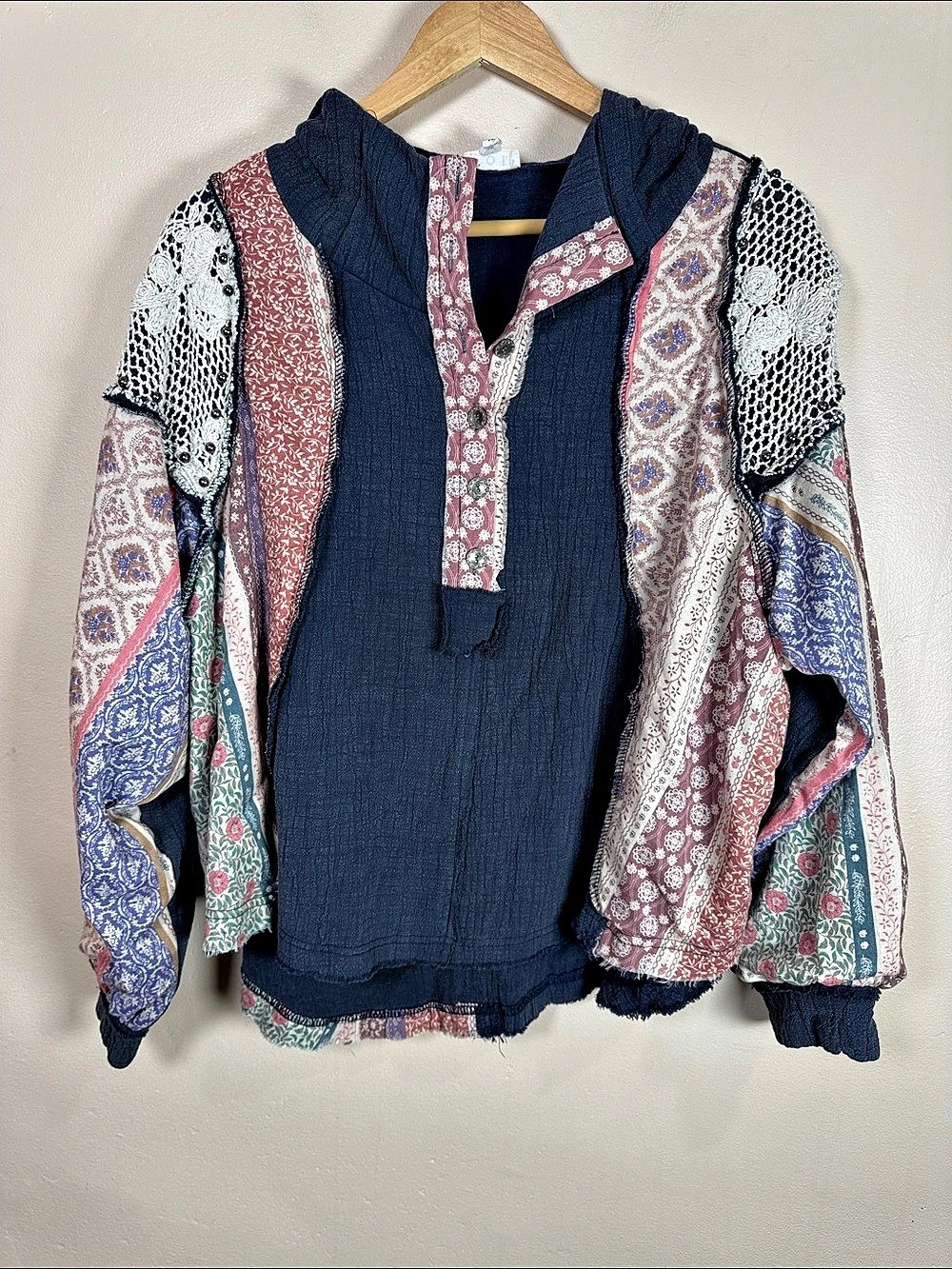 POL Sweater Patchwork Hooded Cropped Crochet M Boho Oversized Floral Cotton